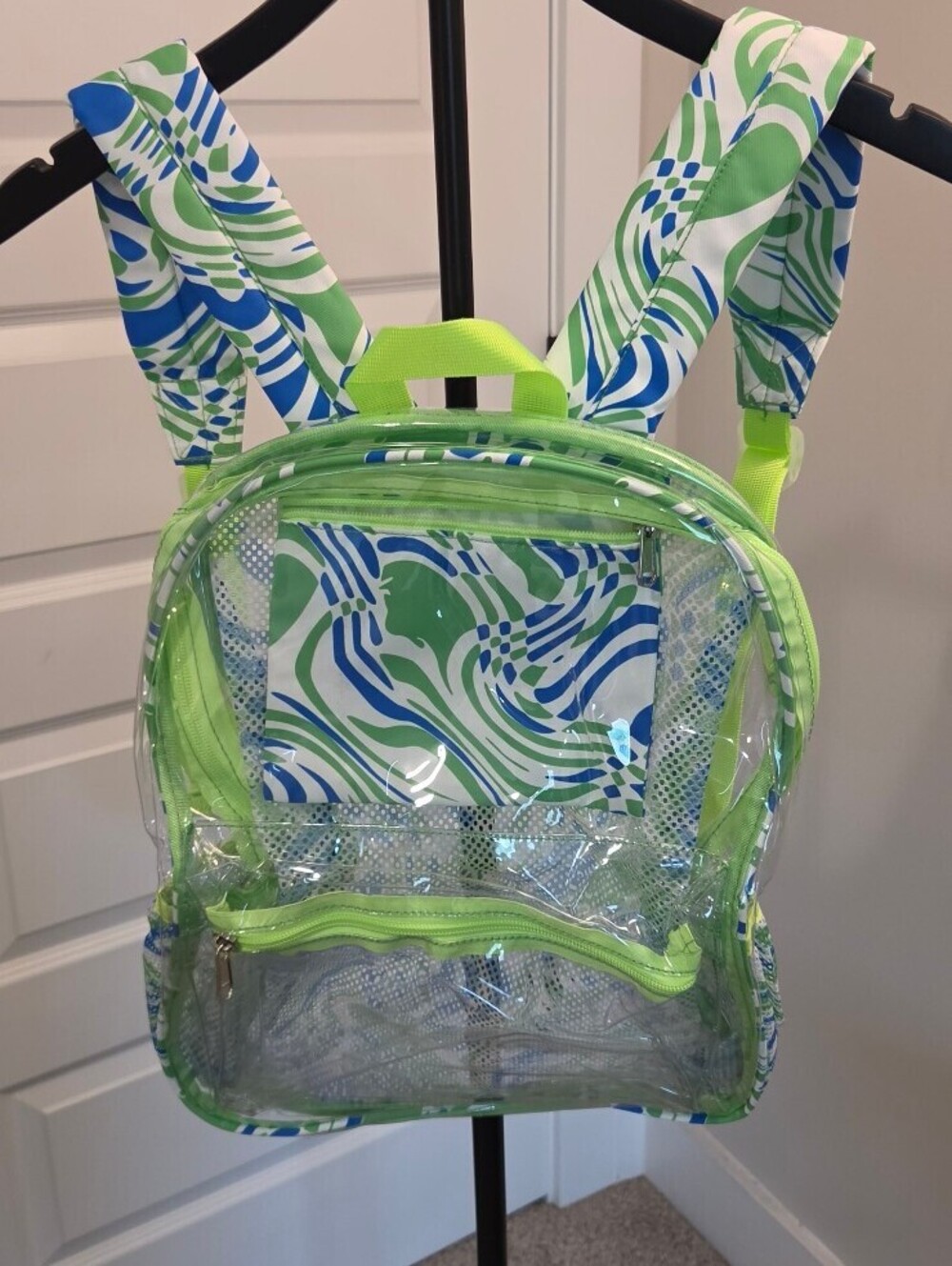 NEW Clear Green and Blue Patterned  Backpack with Mesh and Zipper Pockets